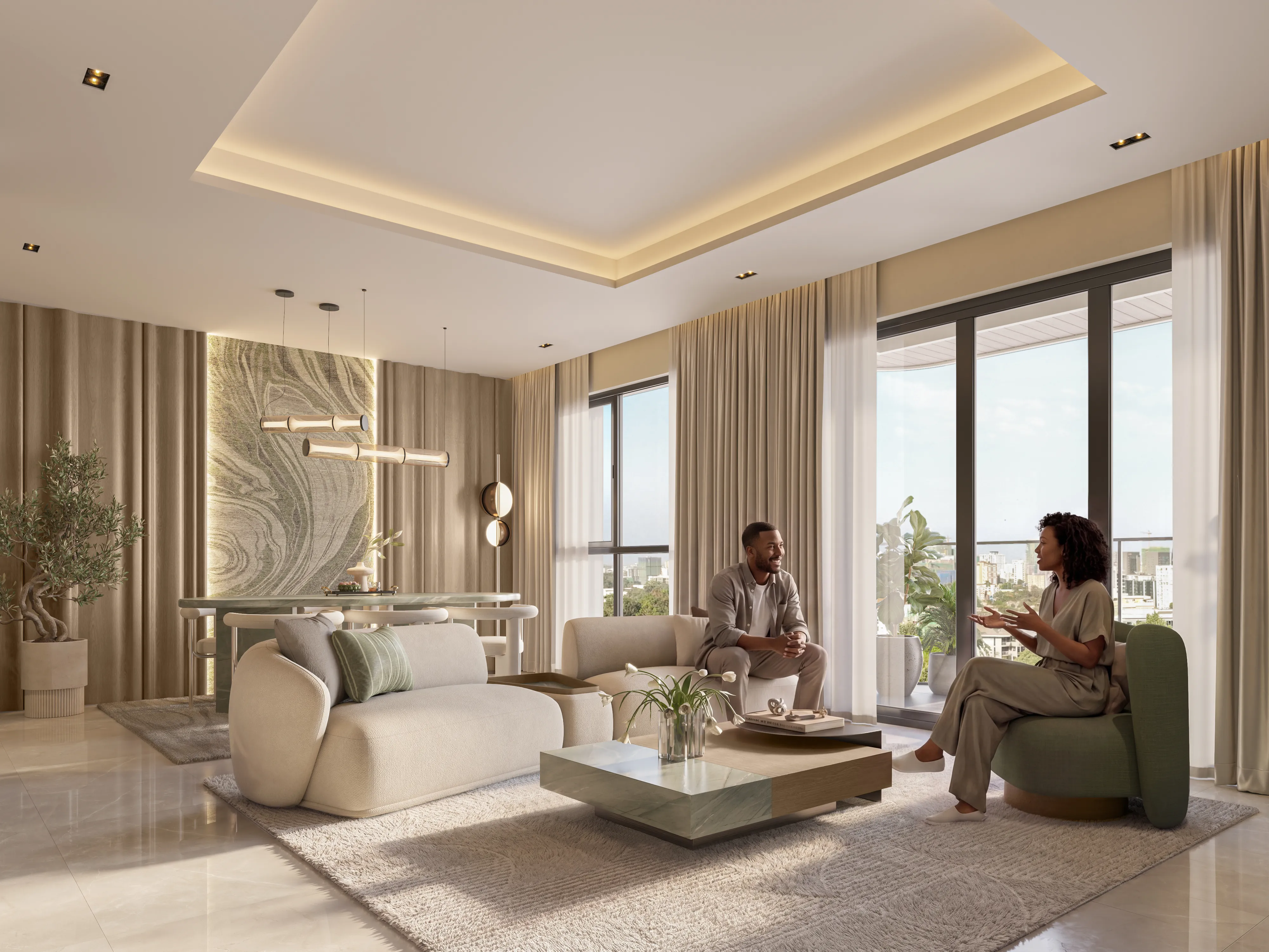 Seasons Riverside two bedroom duplex living room with lounge seating and balcony light