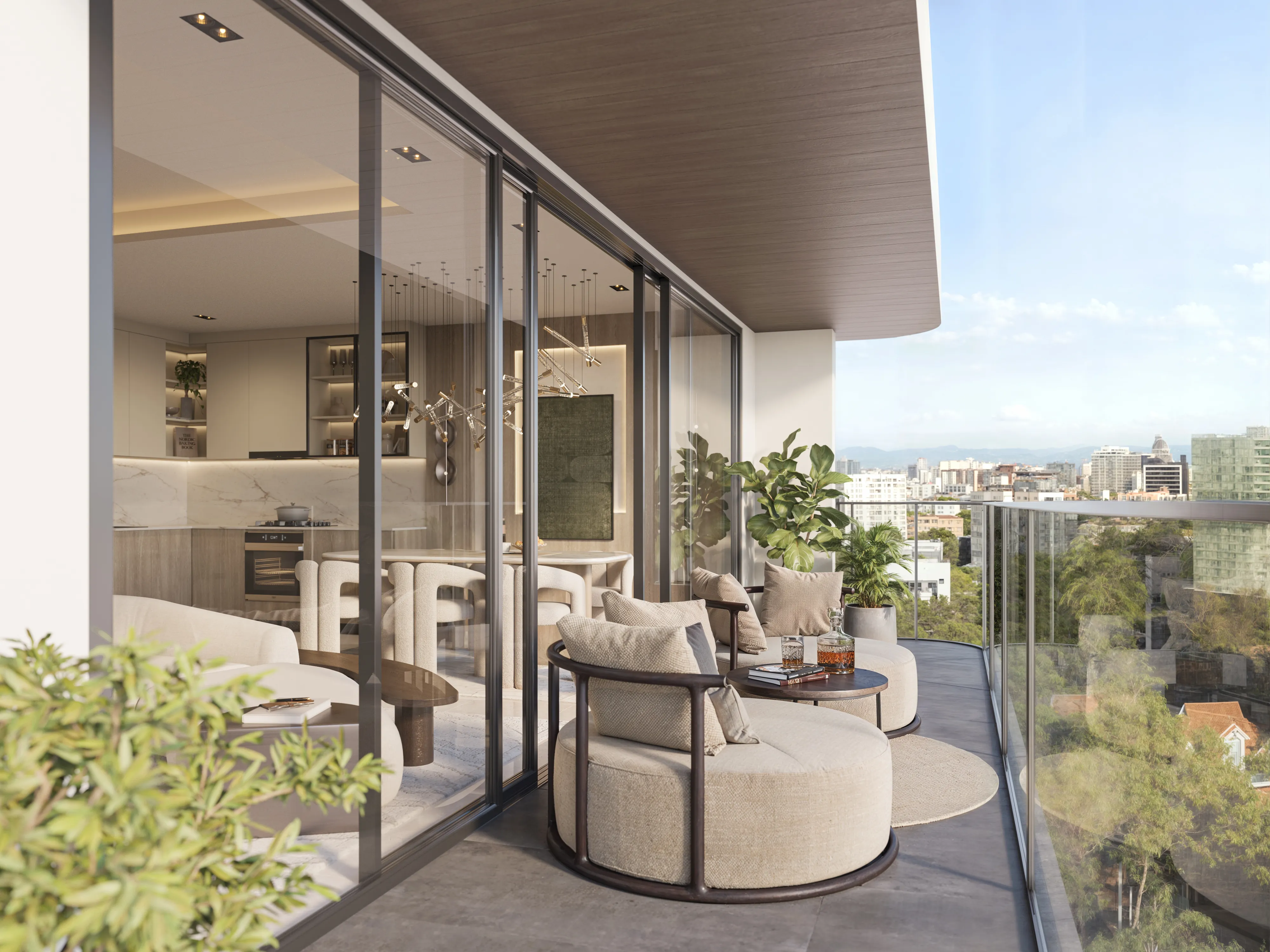Seasons Riverside four bedroom duplex balcony lounge with city views
