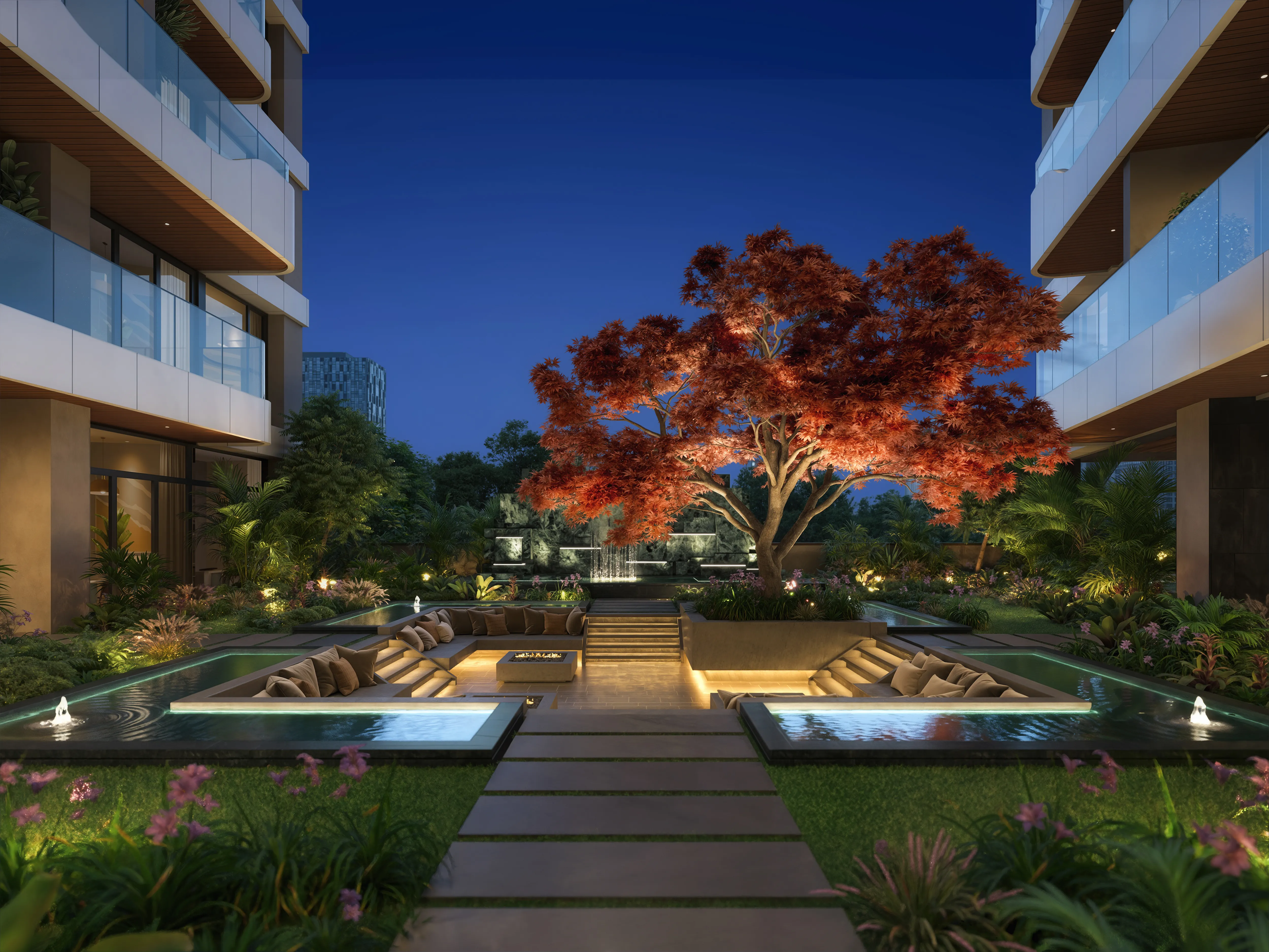Seasons Riverside courtyard and residences at dusk