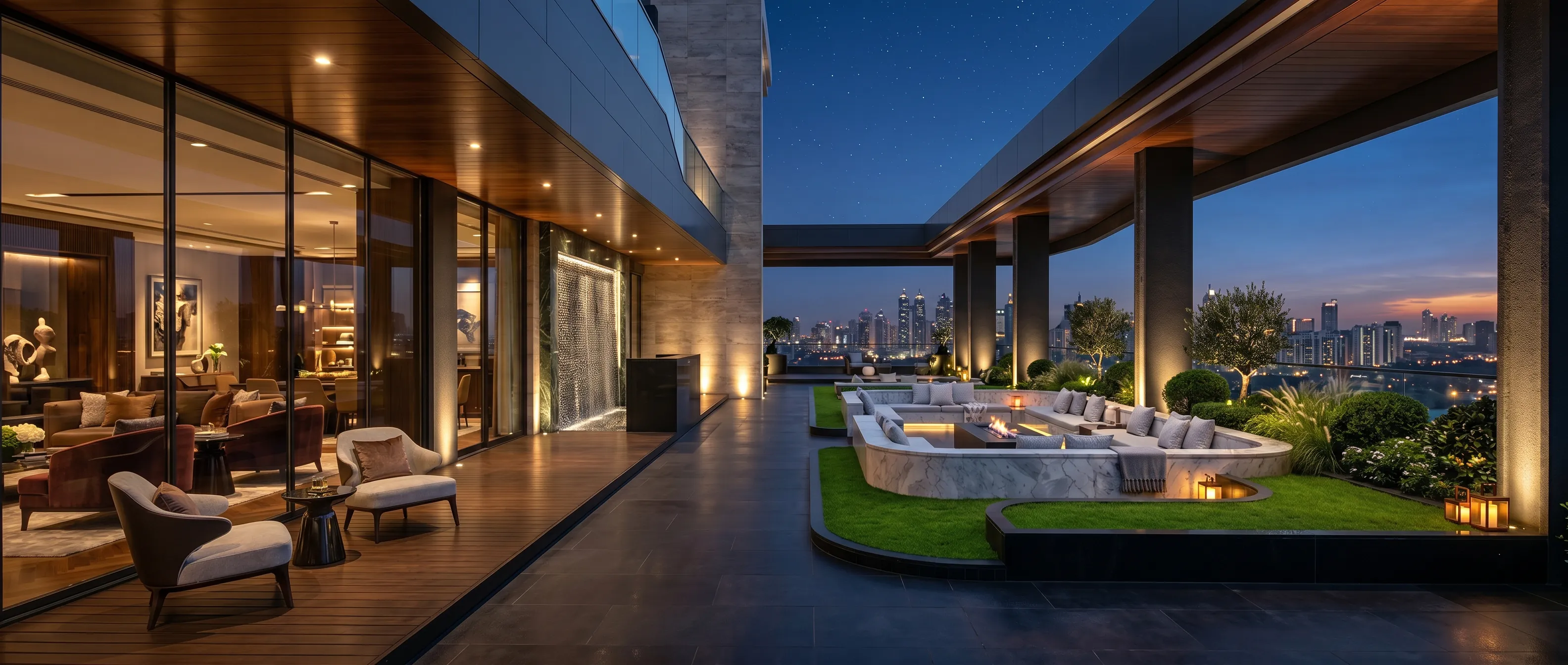Seasons Riverside rooftop garden lounge at dusk